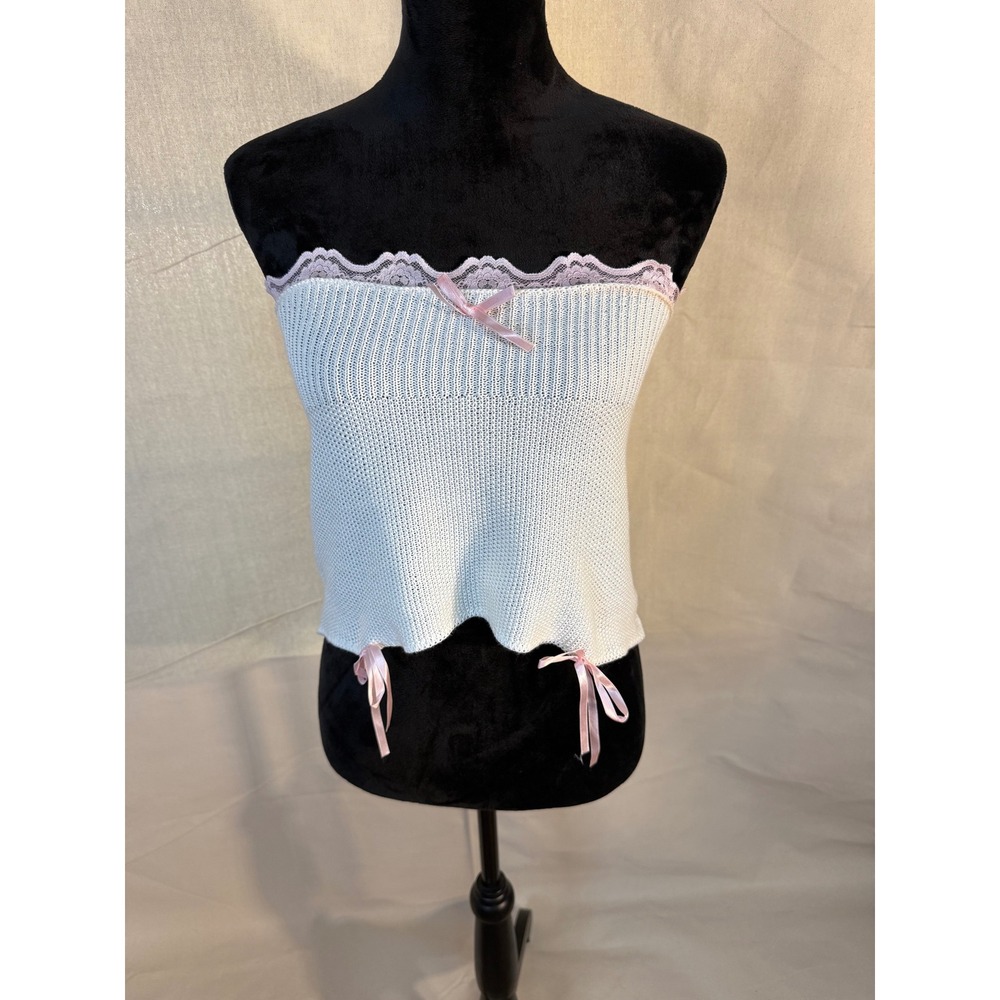 Knit Lace Trim Tube Top Pink Bow Coquette Corset Back Strapless Bodice XS